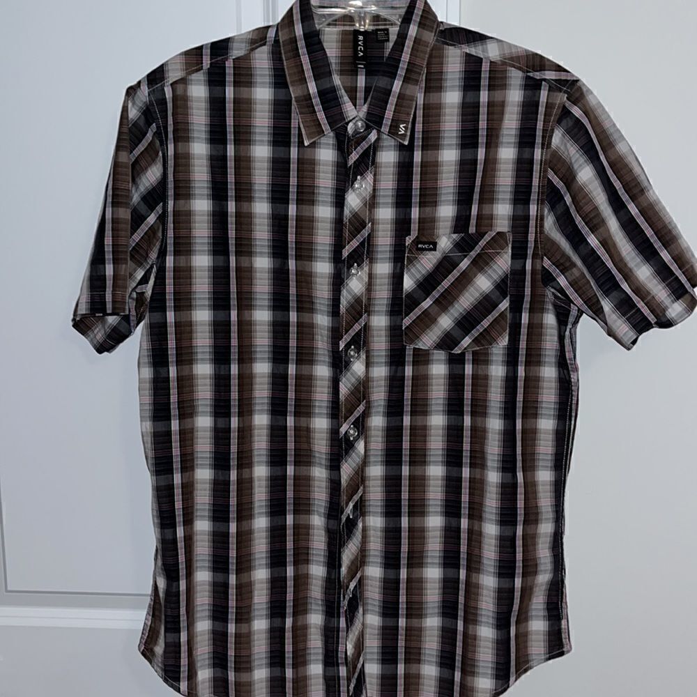 Casual plaid SS RVCA Cotton Blend button down pocket casual work shirt Slim L